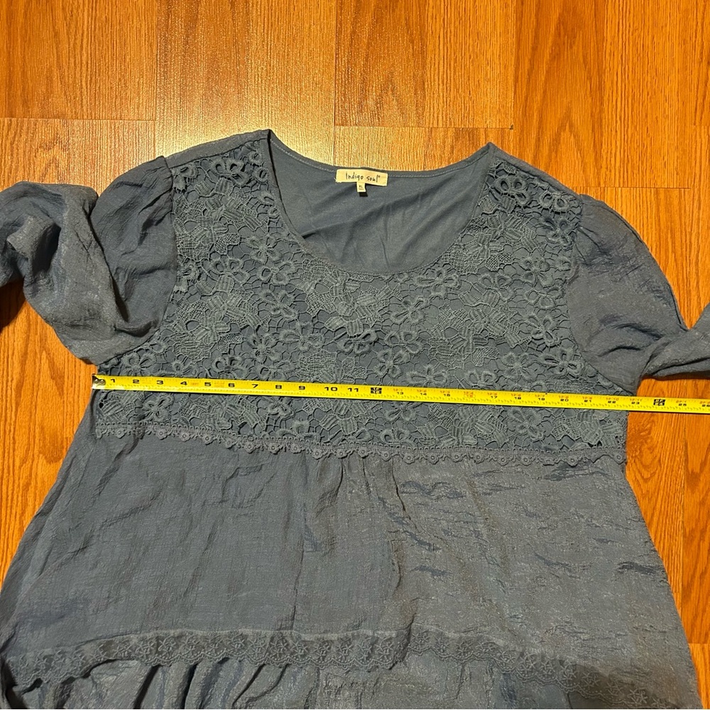 Indigo Soul Tiered Tunic Top Lace Overlay Details Boho Blue Womens Size L - Picture 10 of 11